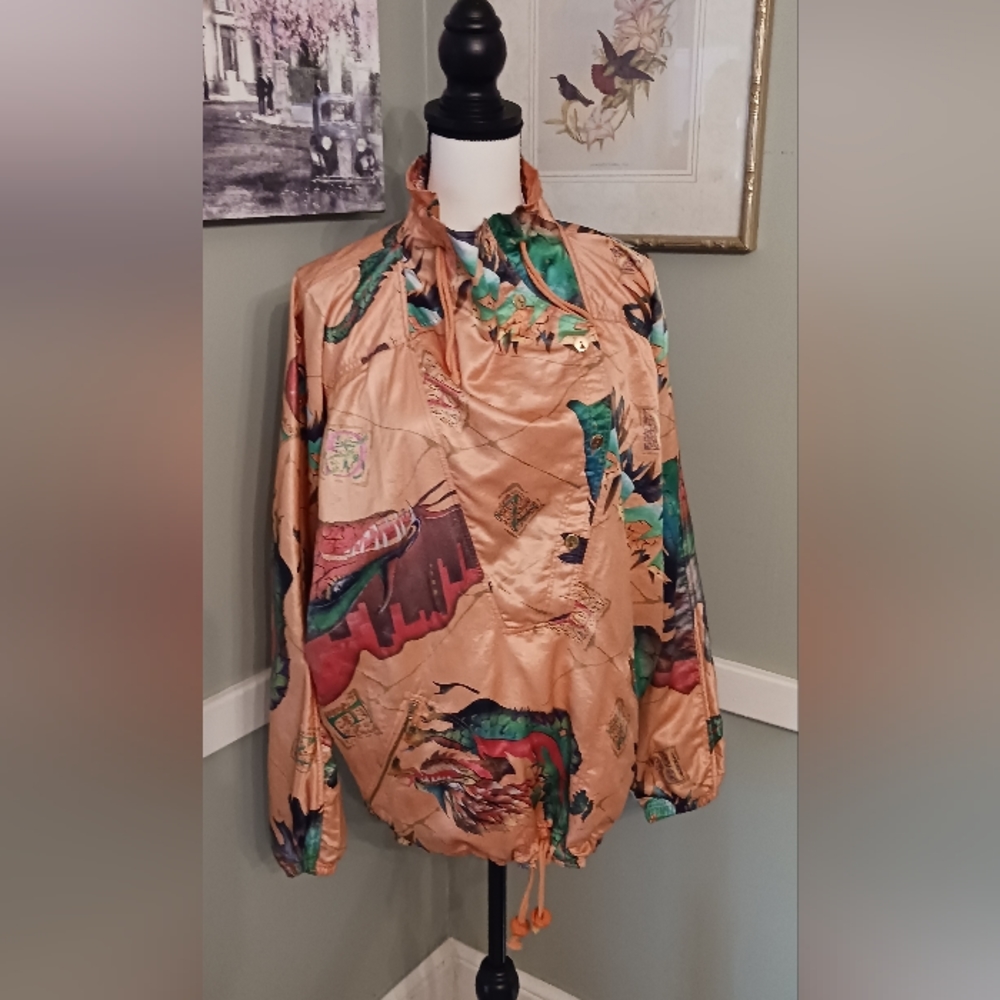 Ben Ger Sportswear Peach Satin Jacket with Multicolor Dragon Print Size 42 Large